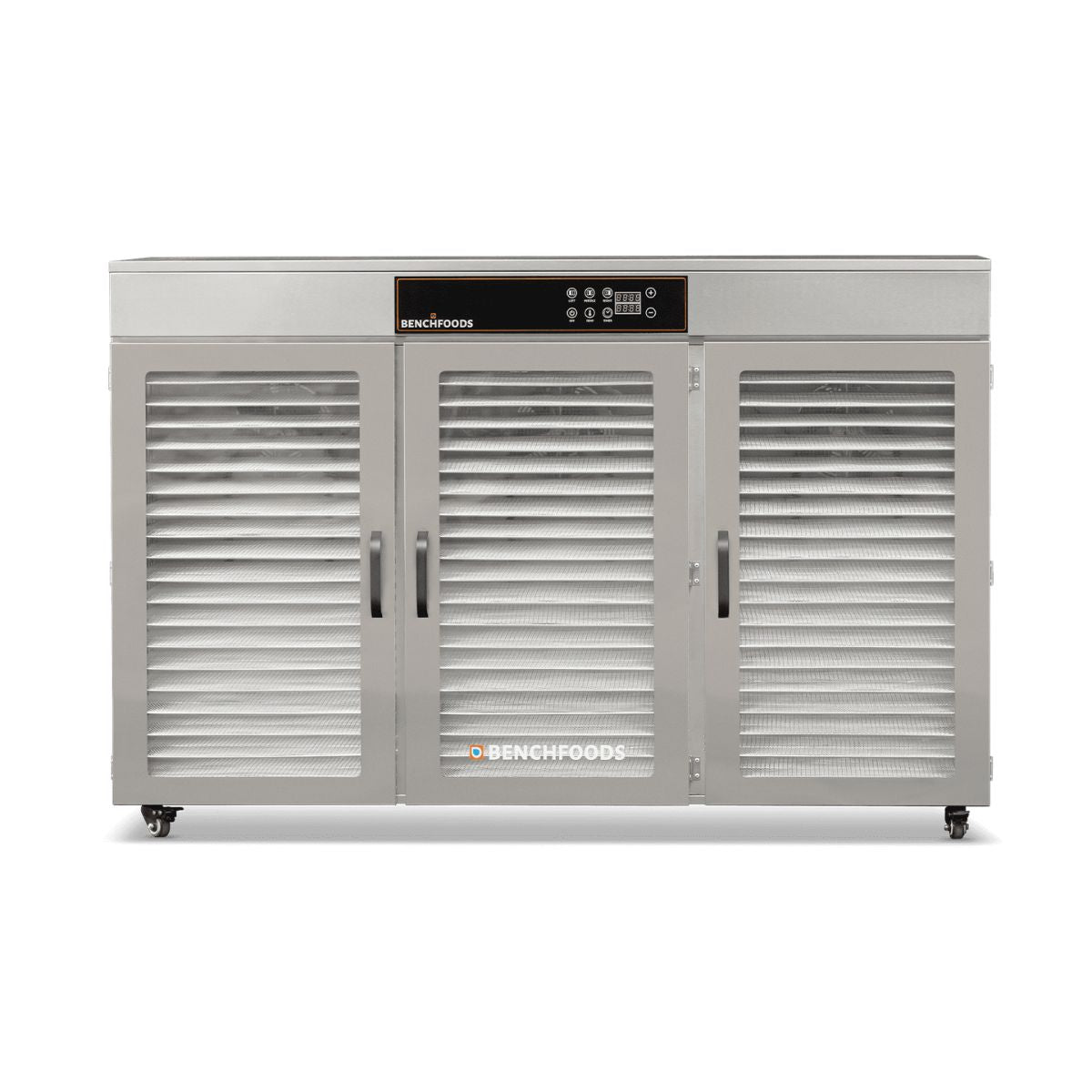 Front straight-on view of the BenchFoods 60CUDG commercial dehydrator with all three glass doors closed, displaying the empty stainless steel mesh trays inside.