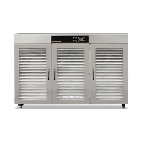 Front straight-on view of the BenchFoods 60CUDG commercial dehydrator with all three glass doors closed, displaying the empty stainless steel mesh trays inside.