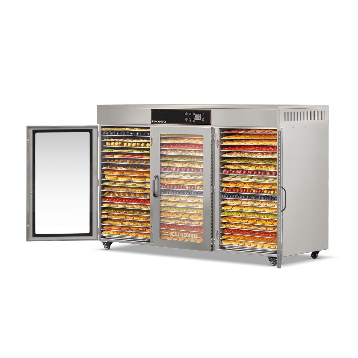 BenchFoods 60CUDG Biltong Bundle dehydrator angled view with one door open and dehydrated fruit trays