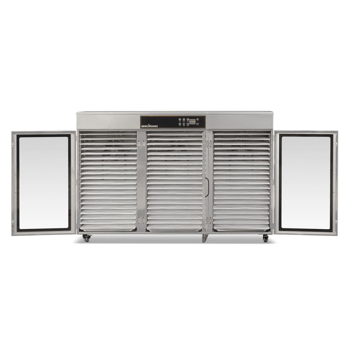 BenchFoods 60CUDG Biltong Bundle dehydrator with doors open showing empty stainless steel mesh trays