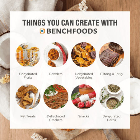 Infographic showing foods you can make with BenchFoods Biltong Bundle dehydrators, including jerky, fruit, and pet treats
