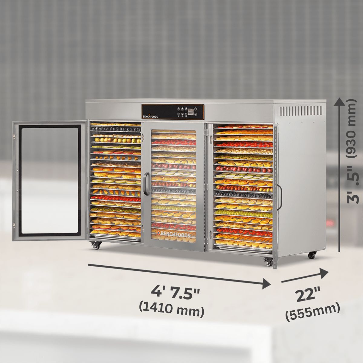 BenchFoods 60CUDG Biltong Bundle dehydrator exterior dimensions shown in width, depth, and height