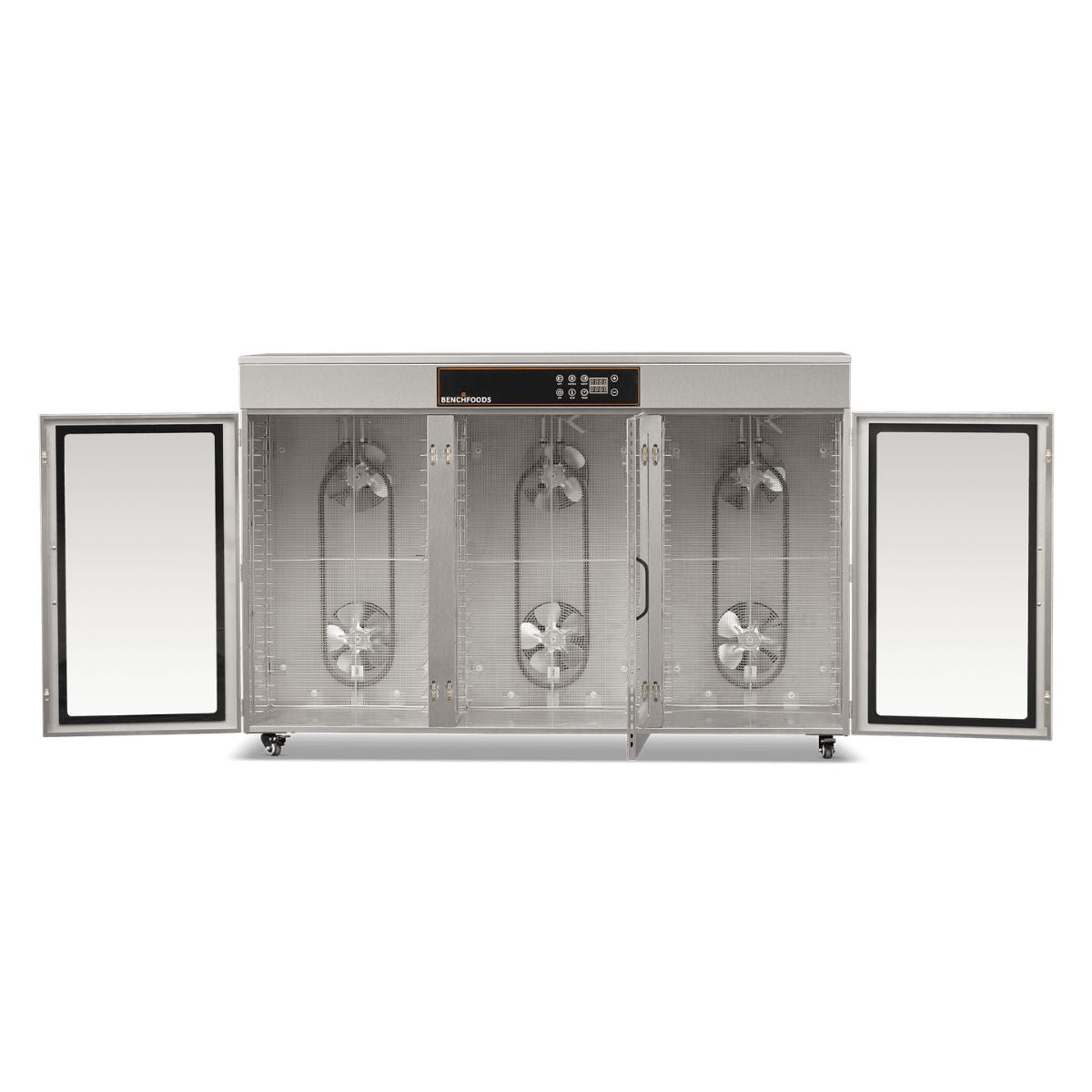Front view of the BenchFoods 60CUDG dehydrator with side doors open and trays removed, exposing six internal commercial circulation fans across three zones.