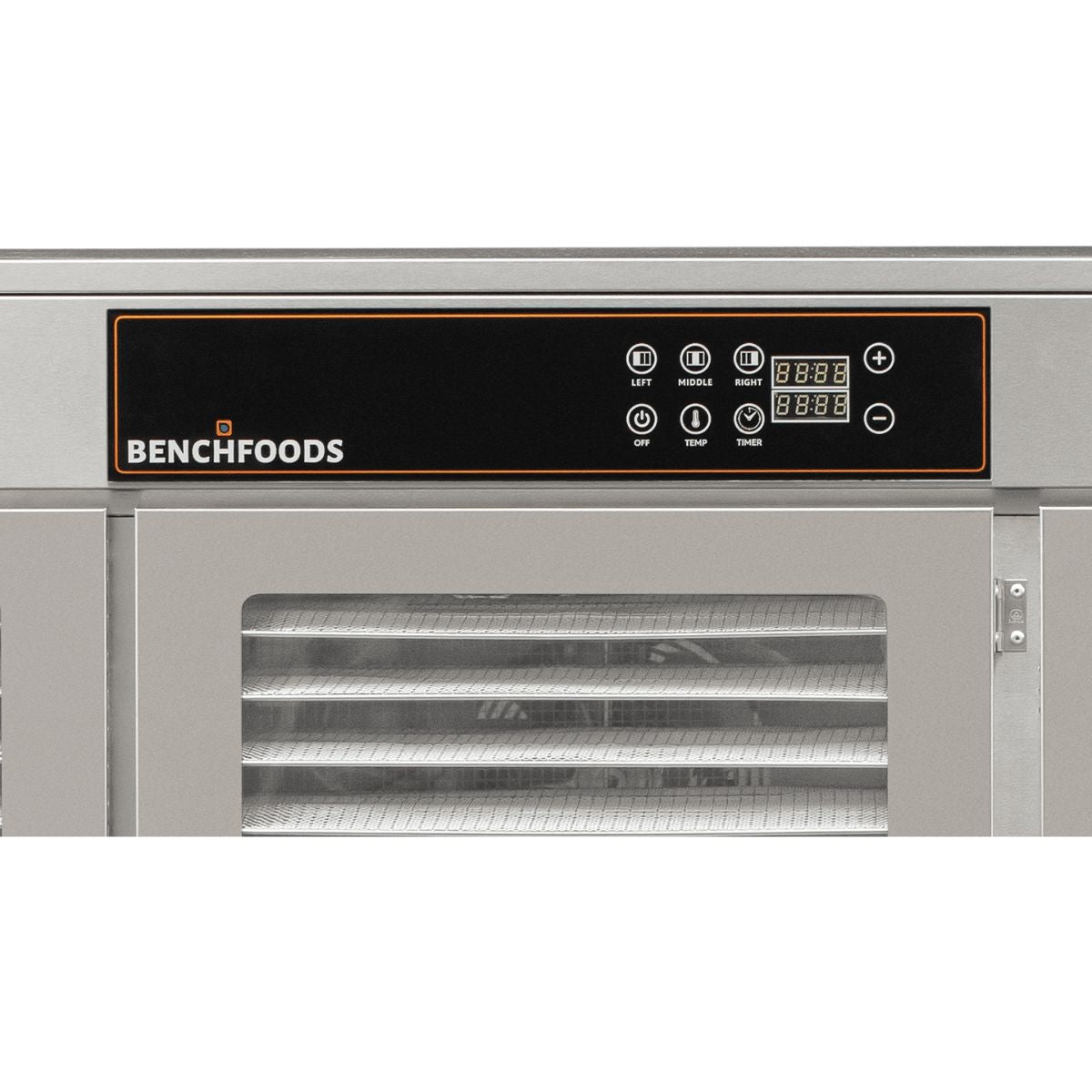 Close-up detailed shot of the black digital touch control panel on the BenchFoods 60CUDG dehydrator, displaying independent zone settings, timers, and temperature controls.