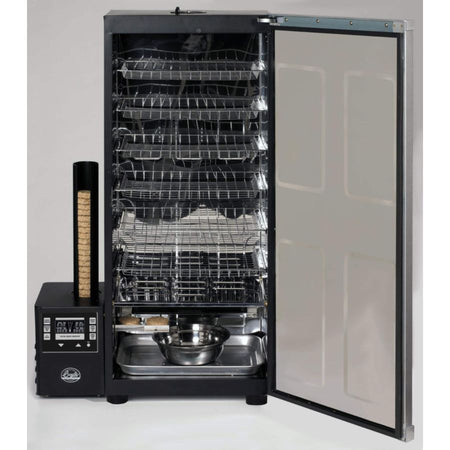 Bradley Digital 6-Rack Electric Smoker interior view with open door and racks
