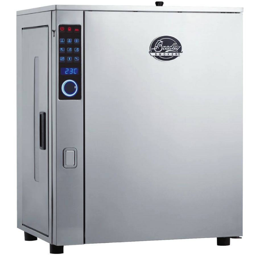 Front view of the Bradley Smoker P10 Professional 4-Rack Electric Smoker with LED control panel and stainless steel body