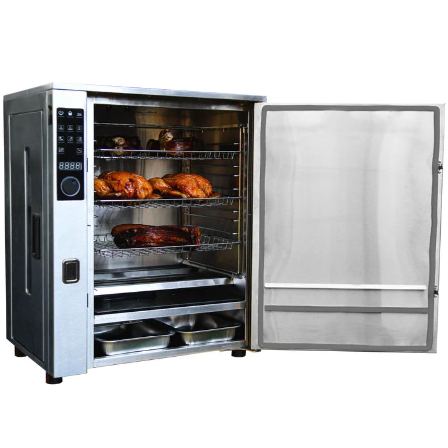 Bradley Smoker P10 Professional open showing smoked meats on racks inside the stainless steel smoker