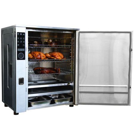 Bradley Smoker P10 Professional open showing smoked meats on racks inside the stainless steel smoker
