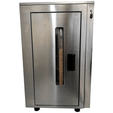 Side view of the Bradley Smoker P10 Professional 4-Rack showing wood puck loader through glass window