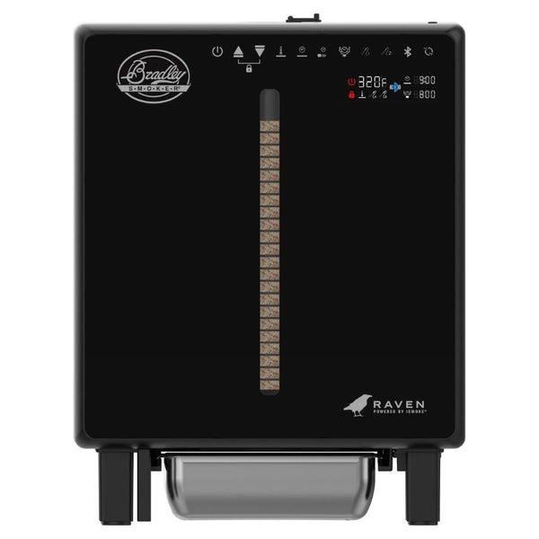 Front view of the Bradley Smoker Raven 4-Rack Electric Smoker with digital controls