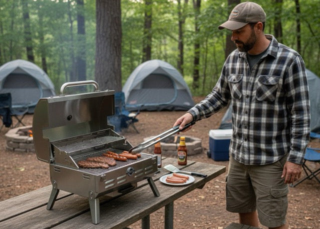 Man grilling food on a portable barbecue at a campsite with tents in the background.