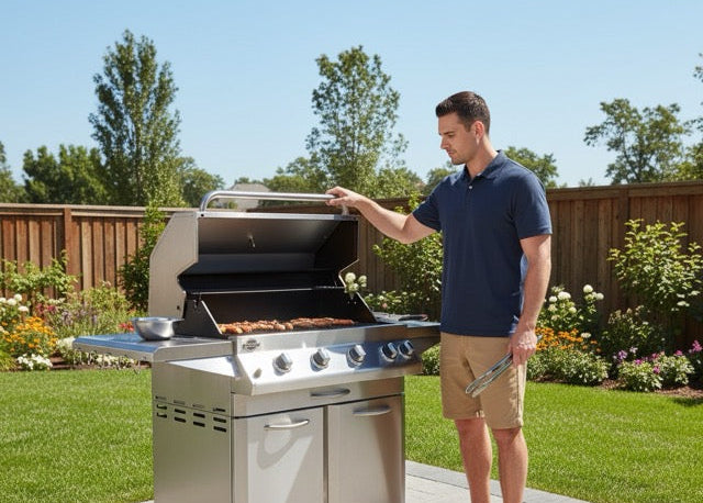 Person cooking on a freestanding stainless steel gas grill in a backyard setting