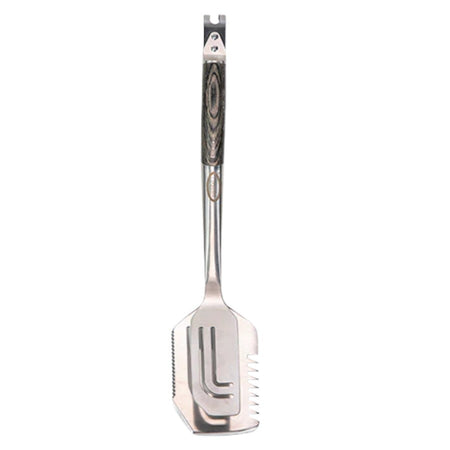 A multi-functional grilling tool by Louisiana Grills, combining a spatula, tongs, and a serrated edge, on a white background