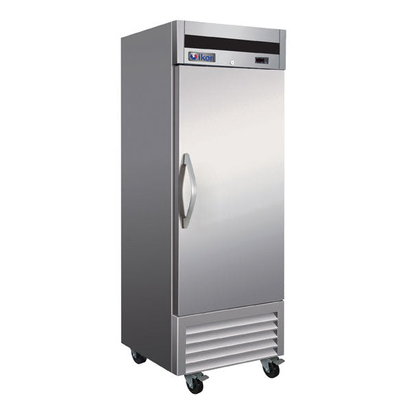 IKON IB27R upright bottom mount commercial refrigerator with stainless steel exterior, locking door, and heavy-duty casters.