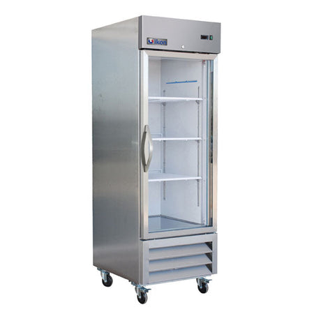 IKON IB27RG glass door upright bottom mount commercial refrigerator with stainless steel construction, adjustable wire shelves, and heavy-duty casters.