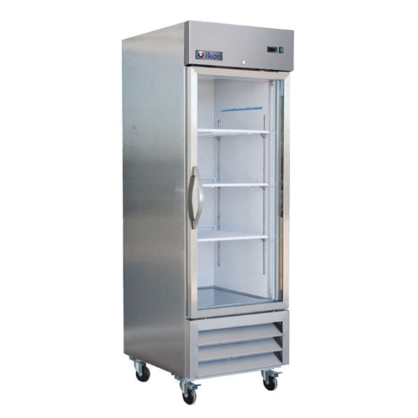 IKON IB27RG glass door upright bottom mount commercial refrigerator with stainless steel construction, adjustable wire shelves, and heavy-duty casters.