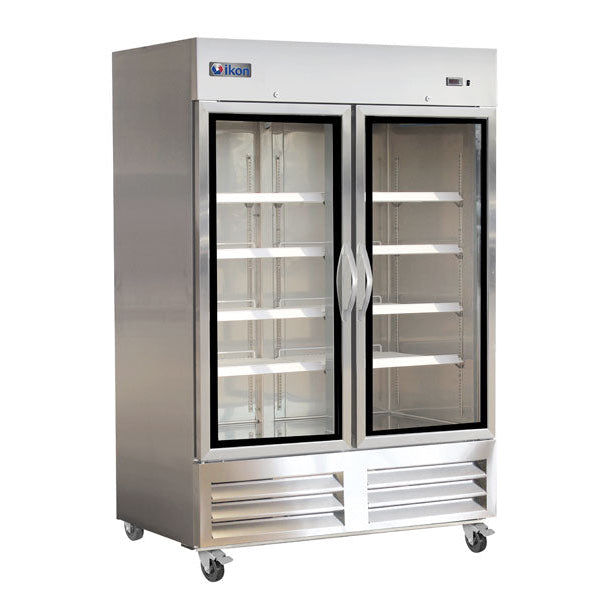 IKON IB54FG 54-inch glass door upright bottom mount commercial freezer with stainless steel construction and adjustable shelving.