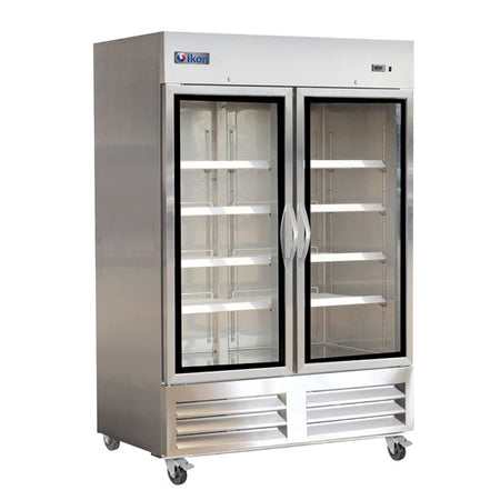 IKON IB54RG 54-inch glass door upright bottom mount commercial refrigerator with double doors and adjustable interior shelving.
