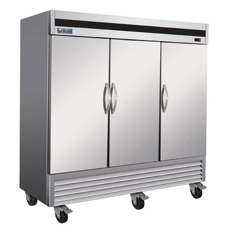 IKON IB81F-DV three-door upright bottom-mount commercial freezer on casters, stainless steel exterior.