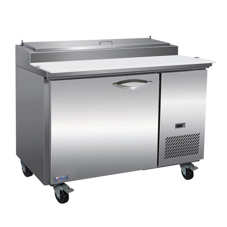 IKON IPP47 47-inch refrigerated pizza prep table with stainless steel doors, cutting board, and topping rail
