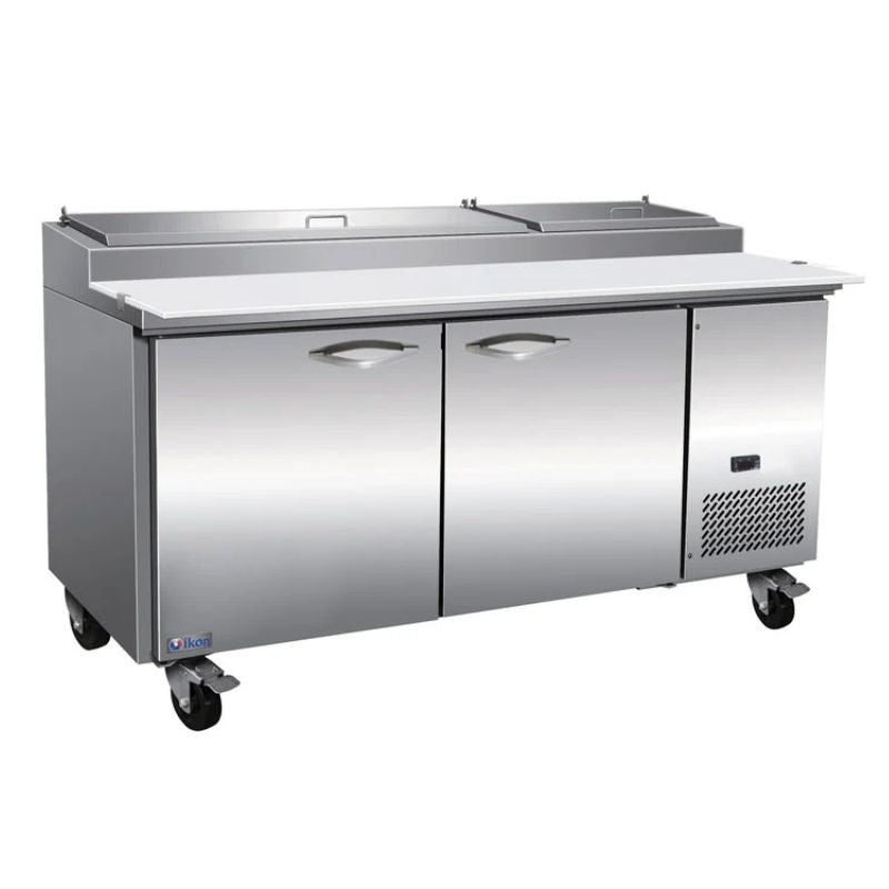 IKON IPP71 71-inch refrigerated pizza prep table with stainless steel doors, topping rail, and full-length cutting board