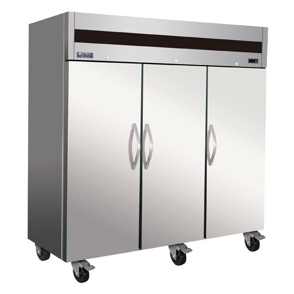 IKON IT82F-DV triple-door reach-in top-mount commercial freezer on casters.