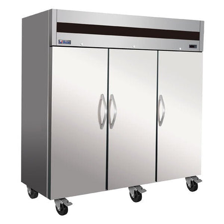 IKON IT82R triple-door stainless steel top-mount reach-in refrigerator on casters