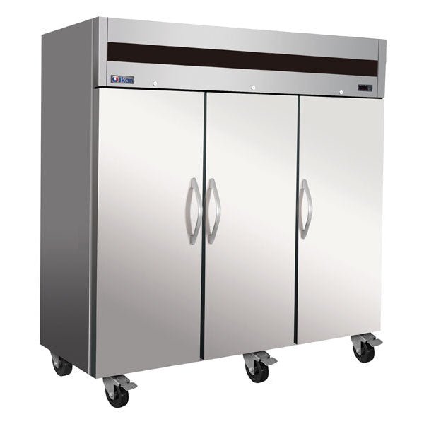 IKON IT82R triple-door stainless steel top-mount reach-in refrigerator on casters