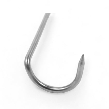 A close-up of the hooked tip of the Pit Boss Stainless Steel Pig Tail Turner