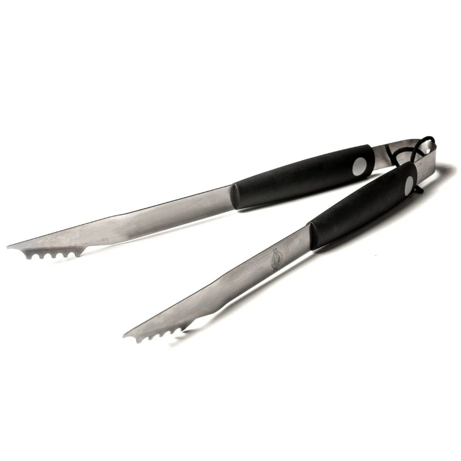 Angled view of Jackson Grills BBQ tongs with stainless steel tips
