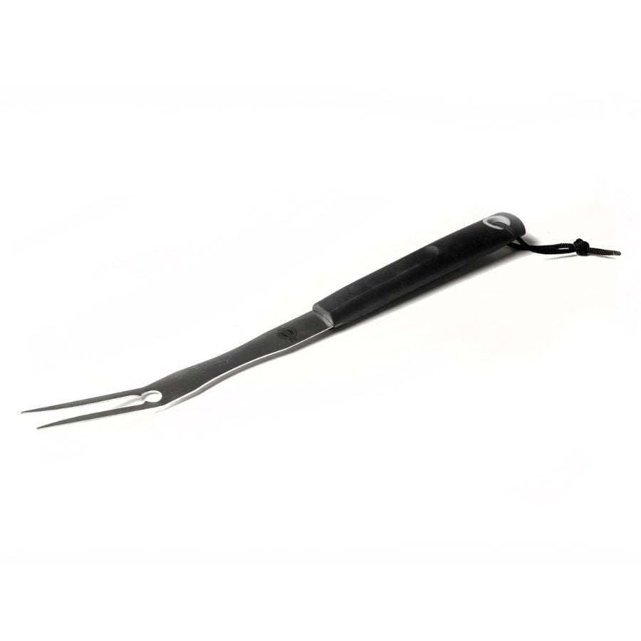 Angled view of Jackson Grills stainless steel grill fork with soft-grip handle