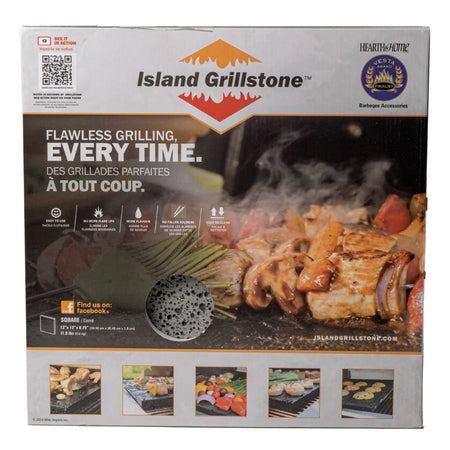 Packaging of Jackson Grills Island Grillstone showing food on grillstone