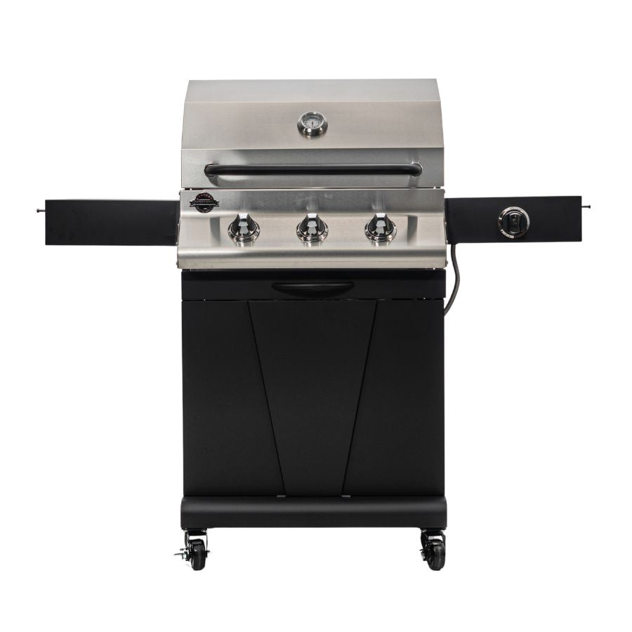 Front view of Jackson Grills Keystone Black 550 Stainless Steel Gas Grill with three burners and durable design.