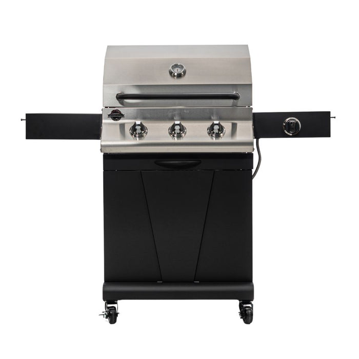Front view of Jackson Grills Keystone Black 550 Stainless Steel Gas Grill with three burners and durable design.