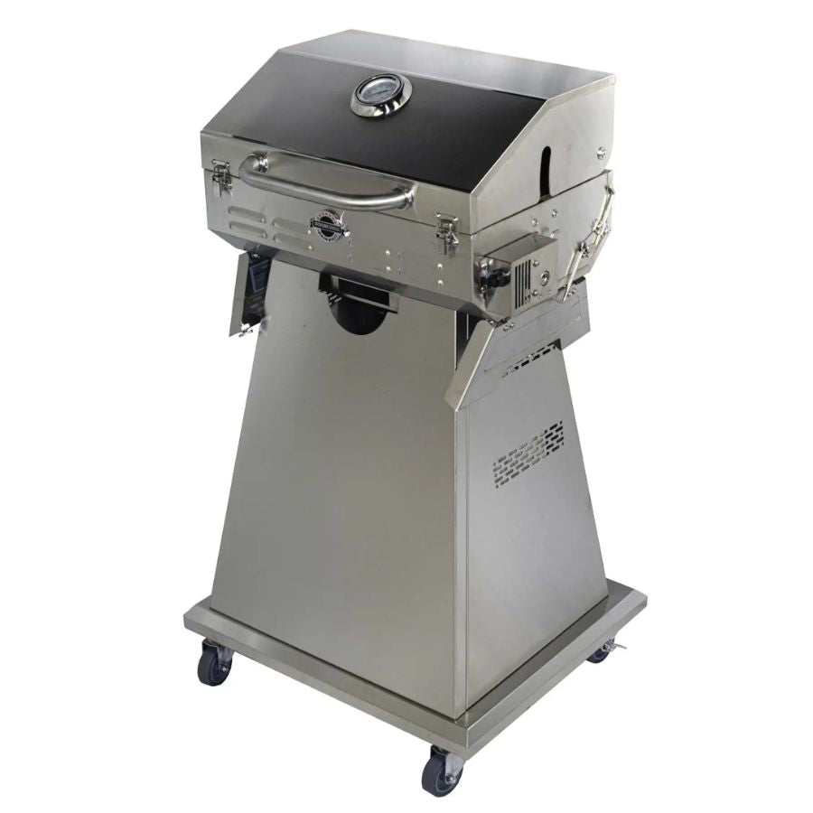 Jackson Grills VERSA 100 stainless steel pedestal cart with grill mounted on top