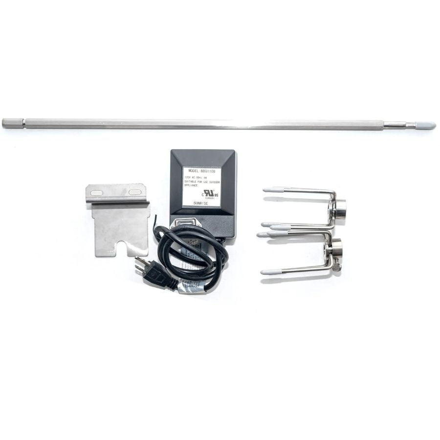 Jackson Grills Versa 100 Rotisserie Kit with motor, forks, and stainless steel rod

