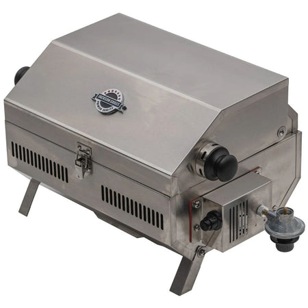 Angled front-right view of the Jackson Grills VERSA 50 grill highlighting control knob and gas regulator