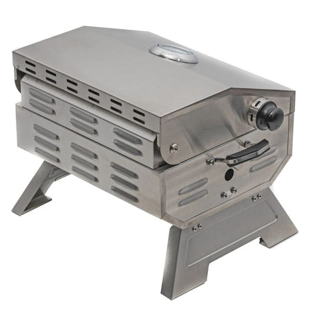 Rear-right angle of the Jackson Grills VERSA 50 grill showing compact design and lid thermometer

