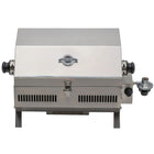 Front view of the Jackson Grills VERSA 50 portable stainless steel gas grill with lid closed and logo centered