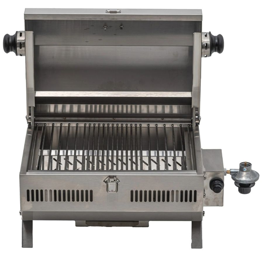 Open Jackson Grills VERSA 50 grill showing stainless steel grates and burner layout