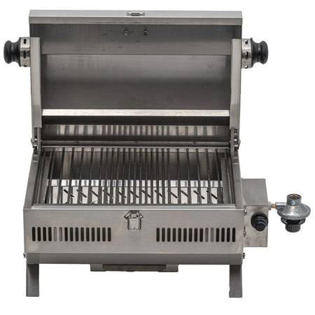 Open Jackson Grills VERSA 50 grill showing stainless steel grates and burner layout