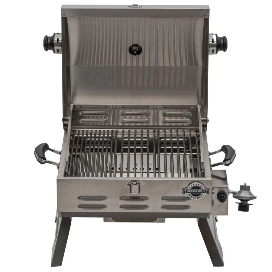 Jackson Grills VERSA 75 showing interior grilling surface with stainless steel grates