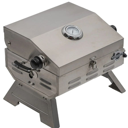 Rear-left angled view of Jackson Grills VERSA 75 with temperature gauge visible on lid