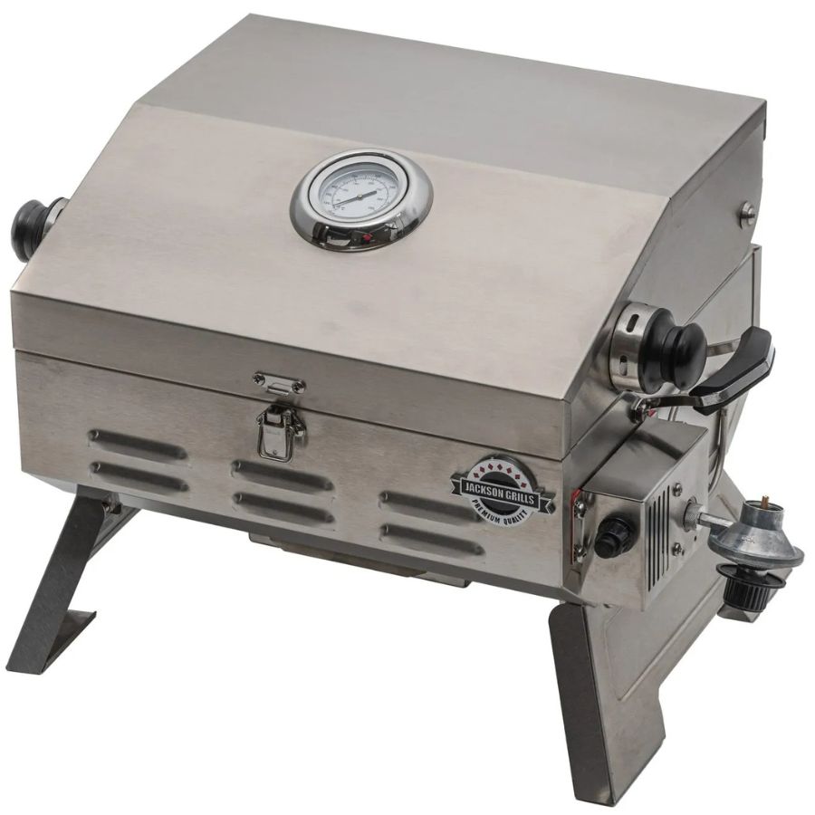 Angled front-right view of Jackson Grills VERSA 75 showing control knob and regulator

