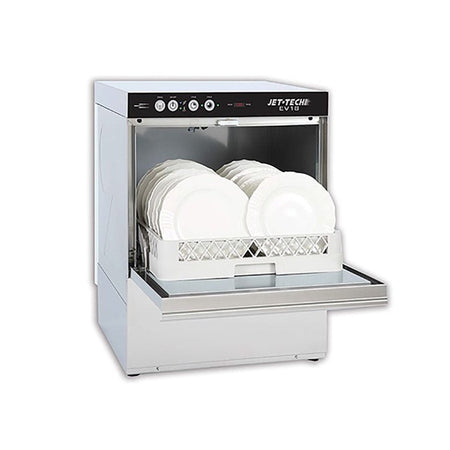 Jet-Tech EV18 commercial high-temp undercounter dishwasher, front view showing stainless steel construction and control panel