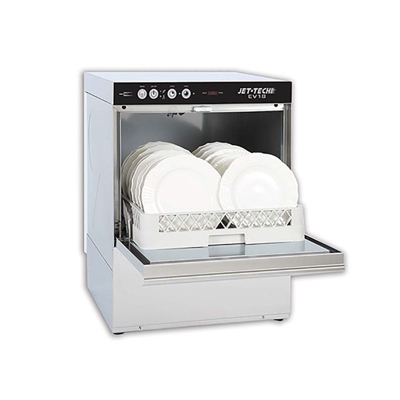 Jet-Tech EV18 commercial high-temp undercounter dishwasher, front view showing stainless steel construction and control panel