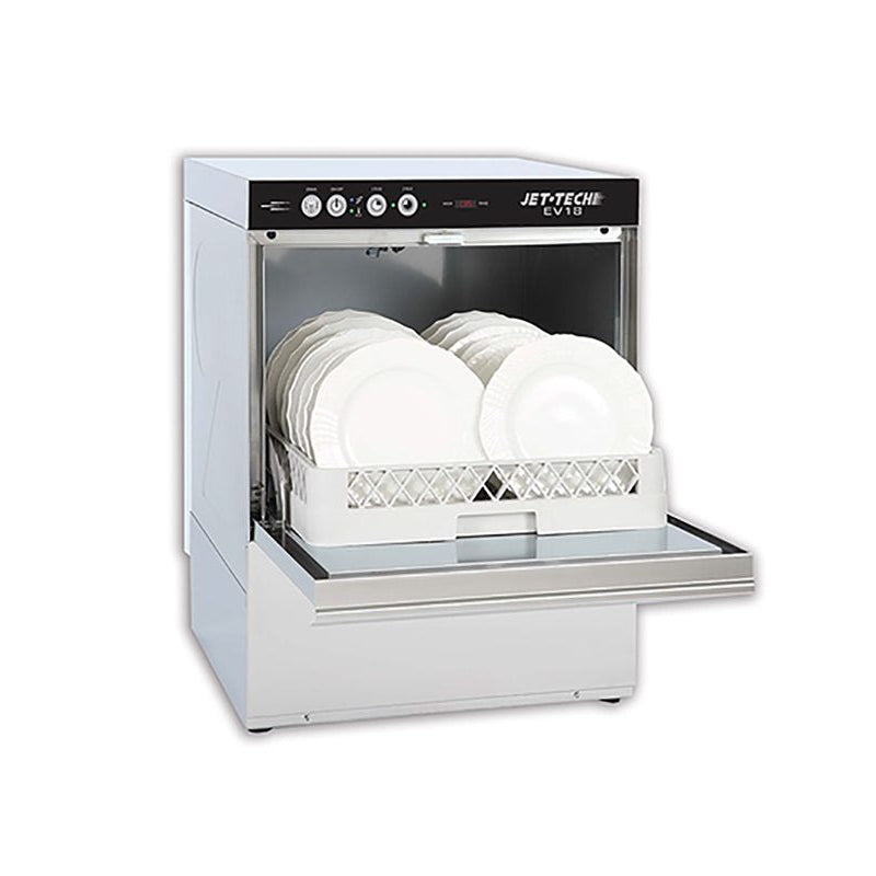 Jet-Tech EV18 high-temp undercounter commercial dishwasher with rack of clean plates inside, stainless steel exterior, and front control panel.
