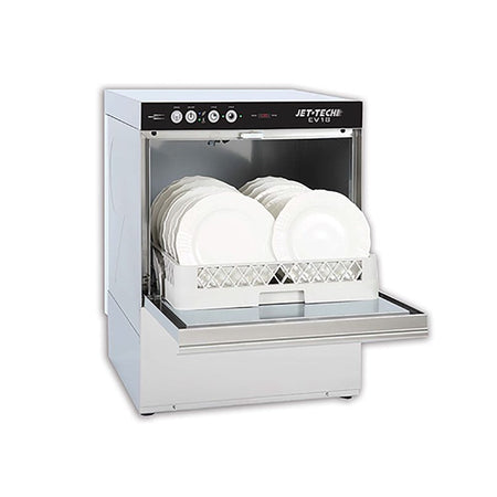 Jet-Tech EV18 high-temp undercounter commercial dishwasher with rack of clean plates inside, stainless steel exterior, and front control panel.