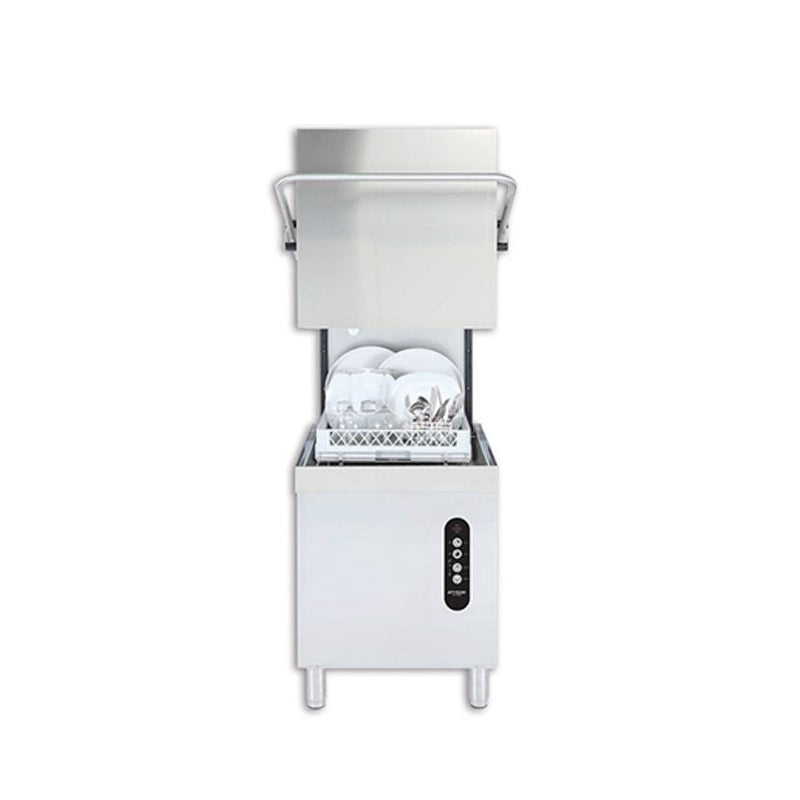 Jet-Tech EV22 high-temperature door-type commercial dishwasher with rack of clean plates, glasses, and utensils, shown with the hood raised and stainless steel exterior.