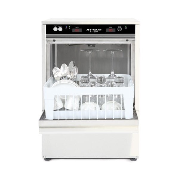 Jet-Tech F-16DP high-temp undercounter cup and glass washer, front view showing stainless steel construction and control panel